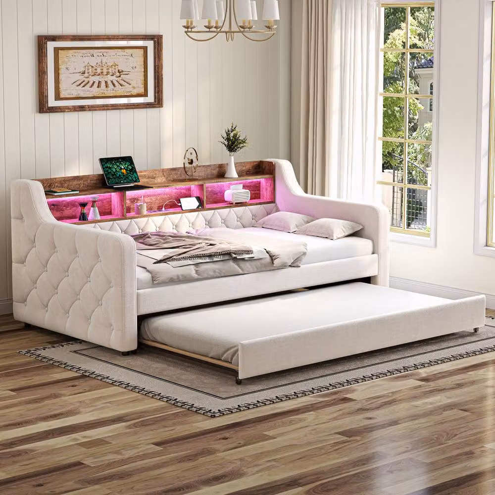 Matteo Single Velvet Sofa Bed in Beige with Storage, LED and USB-C, W: 90 cm, L: 190 cm – 3