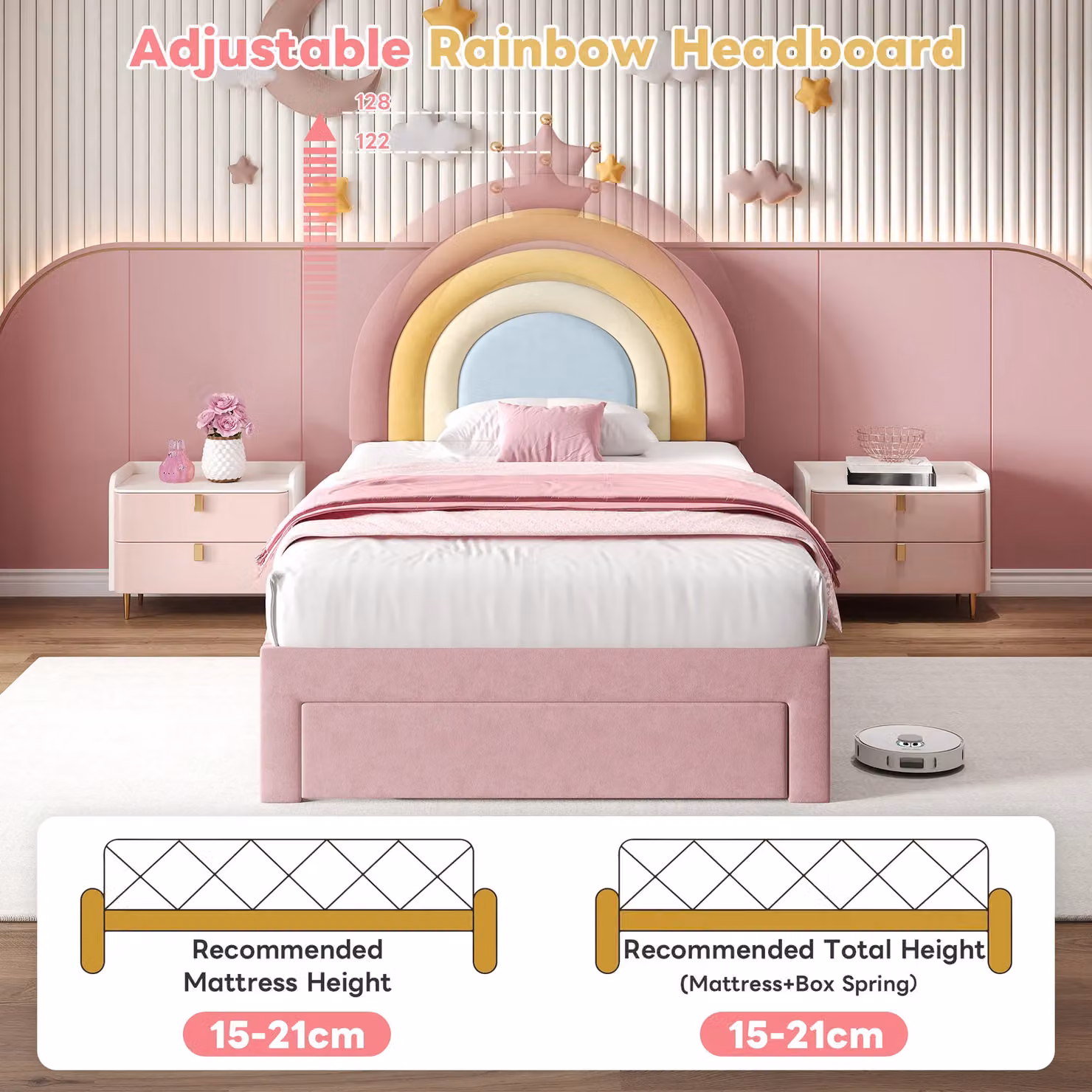 Matteo Pink Velvet Single Bed Frame with Adjustable Rainbow Headboard and Storage Drawer – 2