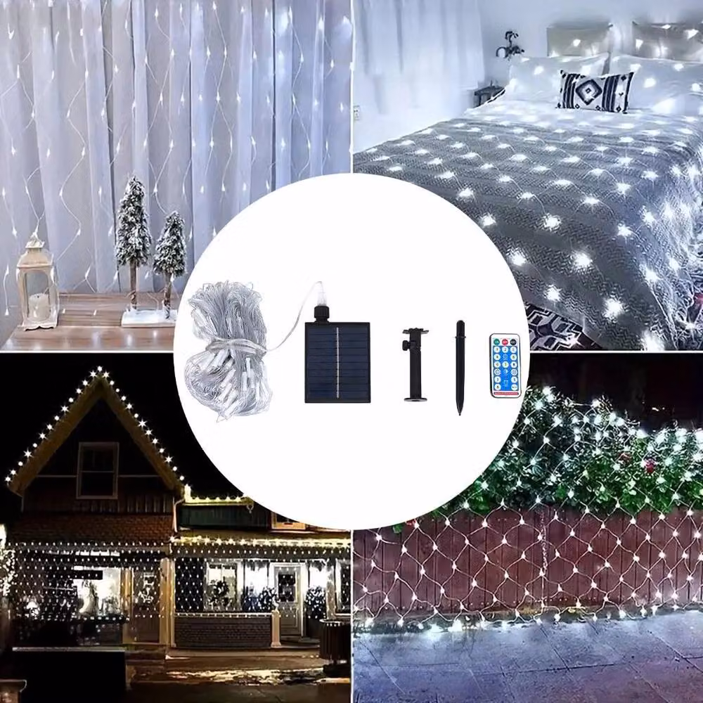 FLAVORA Solar LED Net Mesh Curtain Fairy String Lights in Black with Remote Control and Timer, Warm White – 4