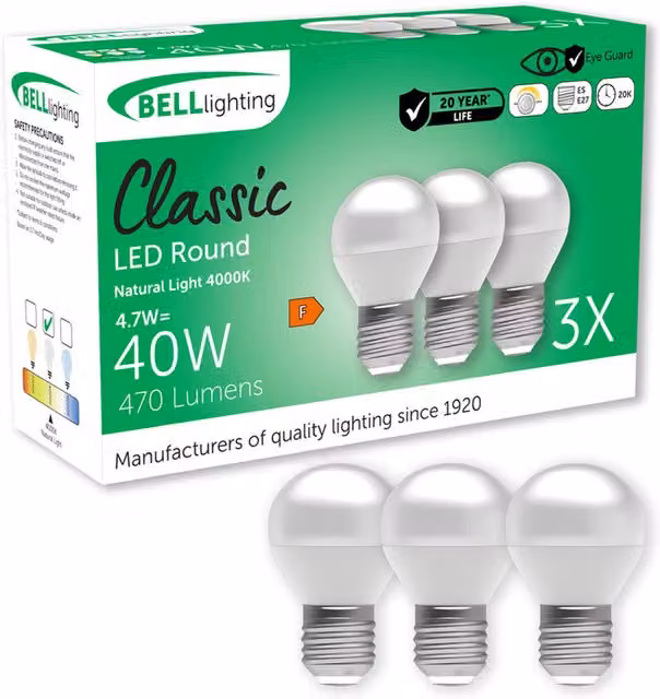 BELL Lighting E27 Dimmable LED Golf Ball Light Bulbs, 4.7 W, Cool White 4000K, Pack of 3