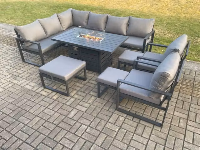 Fimous 10 Piece Aluminium Garden Furniture Set with Corner Sofa, Gas Fire Pit Dining Table, 2 Chairs, 3 Footstools and Cushions in Dark Grey