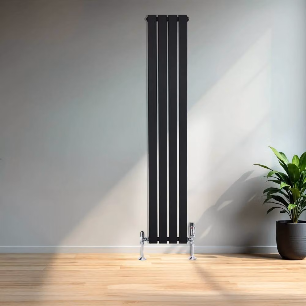 Monstershop Flat Single Column Steel Radiator and Valves with Thermostat Head, Black, H: 160 cm, W: 28 cm – 4
