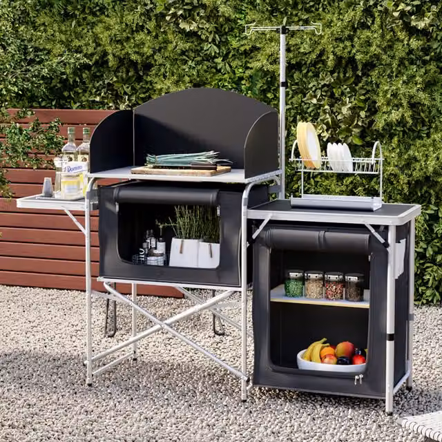 Livingandhome Black Aluminium Camping Kitchen Station and Large Grill Table