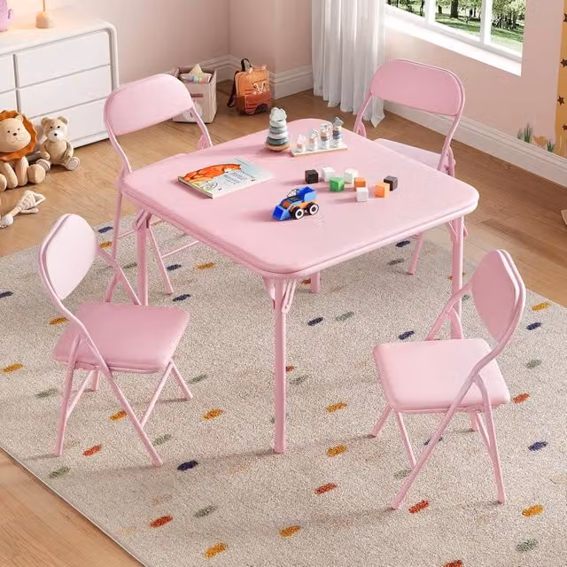 London Boutique Kids Folding Dining Table and 4 Upholstered Chairs Set in Pink – 1