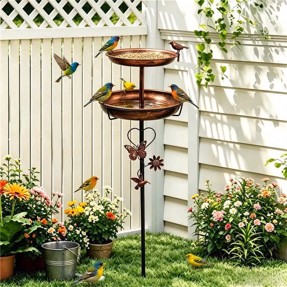 PAWNORA Metal Bird Bath with Double Round Trays in Brown – 5
