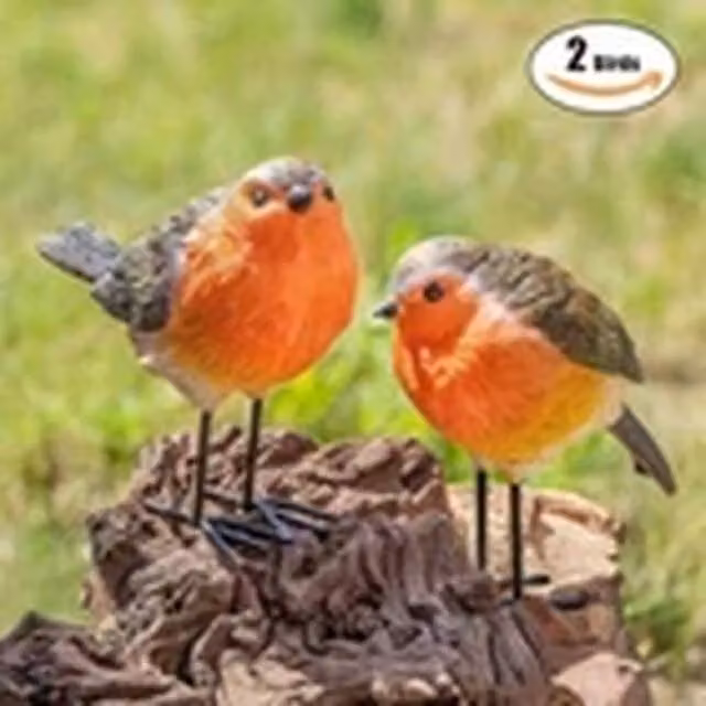 EONLION Pair of Lifelike Resin Robin Bird Statues in Brown, Orange and Multicolour for Outdoor Patio Decor – 1