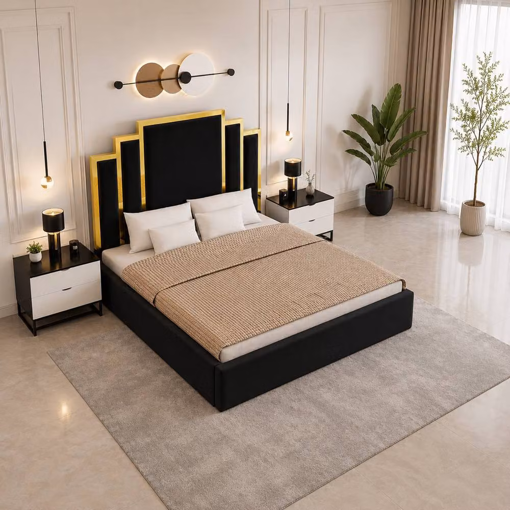 Soft Snooze Beds Silver Velvet Upholstered Ottoman Bed with Gold Trim and Geometric Tufted Headboard, Double – 4