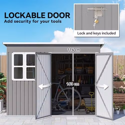 Outsunny Galvanised Steel Pent Garden Storage Shed in Light Grey with Window, Lockable Double Doors, Air Vents and Foundation Kit, W/D/H: 260 x 190 x 177 cm – 5