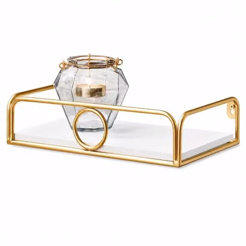 SPOT ON DEALZ White Floating Wall Shelf with Gold Ring Design, W: 30 cm, D: 18 cm, H: 6.8 cm – 1