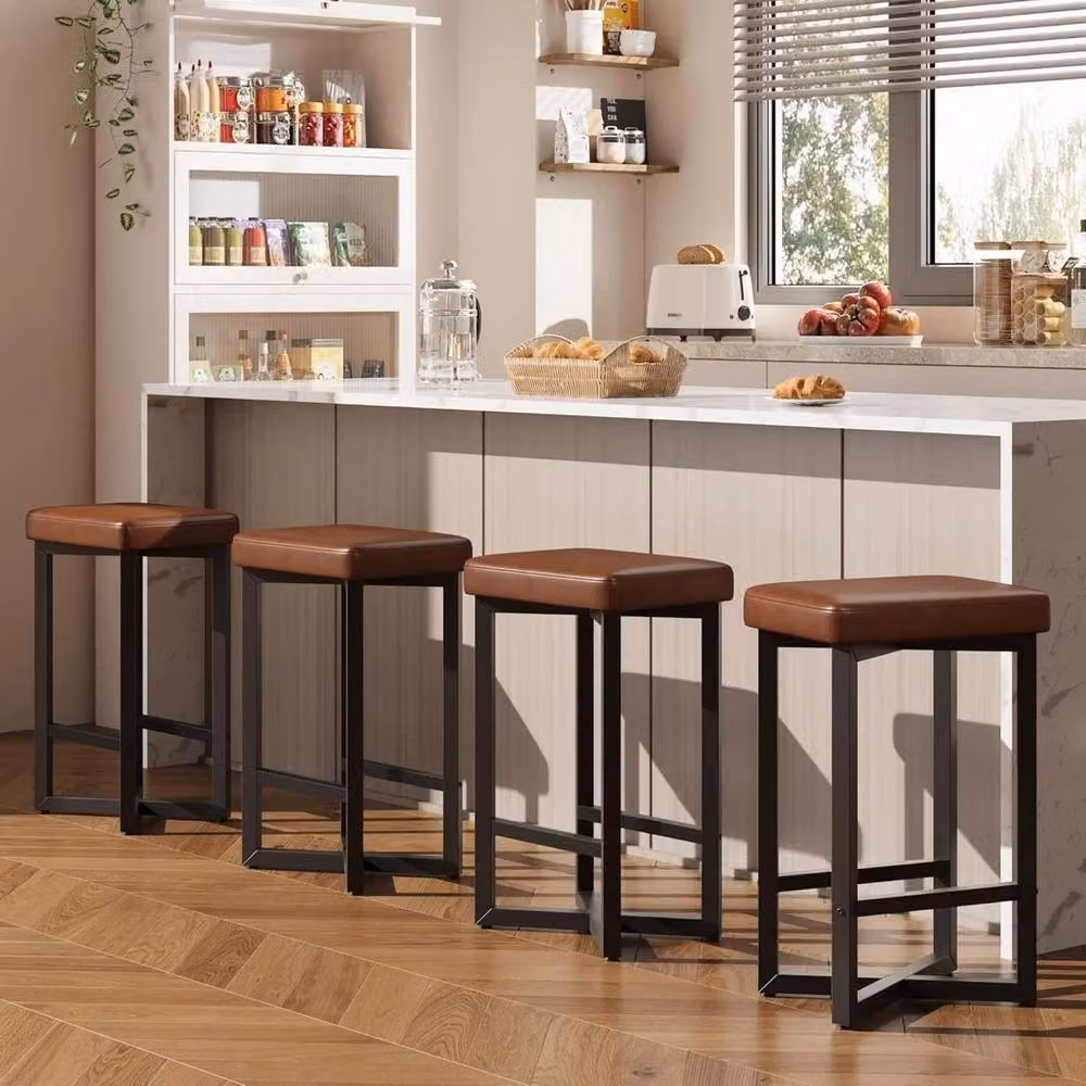 VOGREX Set of 4 Brown Synthetic Leather and Metal Industrial Backless Counter Height Bar Stools – 3