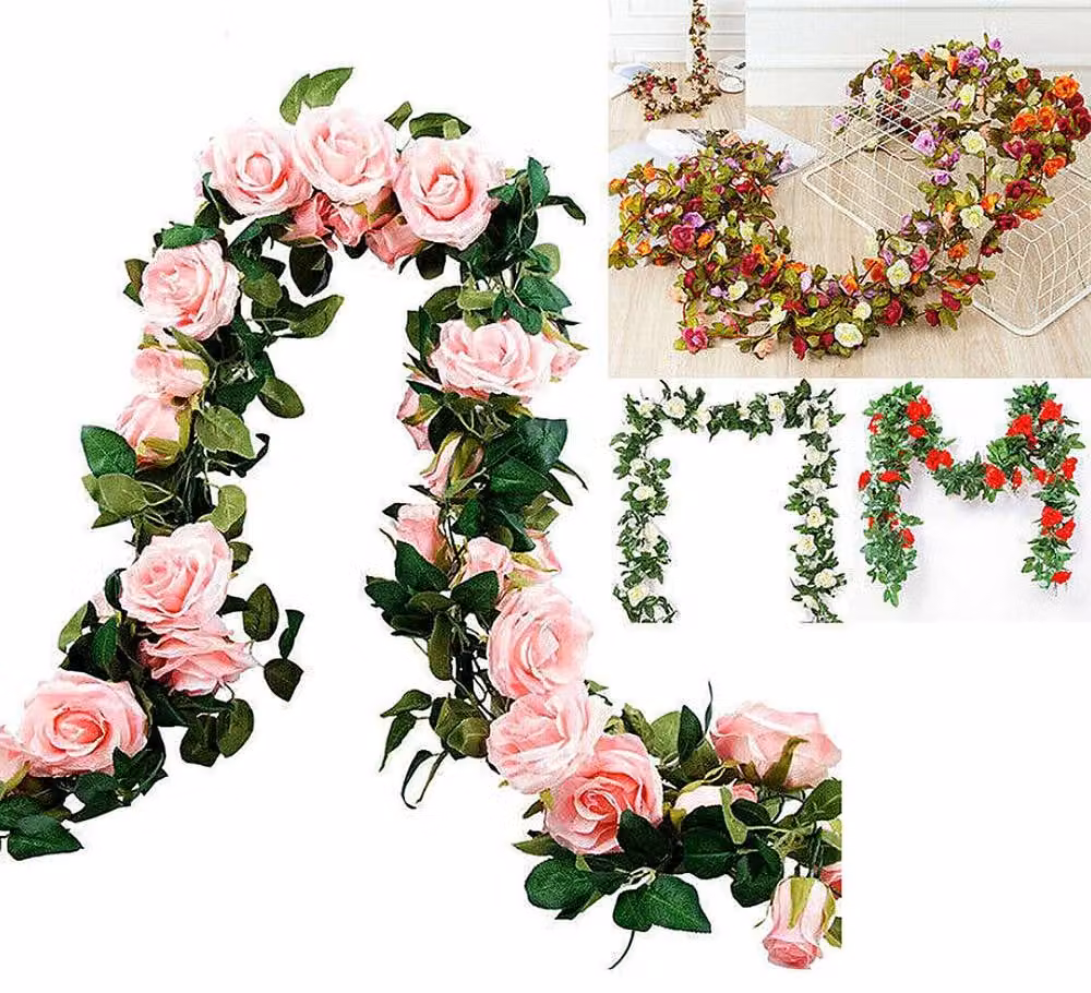YnysTec Pink Artificial Rose Vine Hanging Garland with 45 Flowers for Wedding Decor, Length: 2.5 m – 1