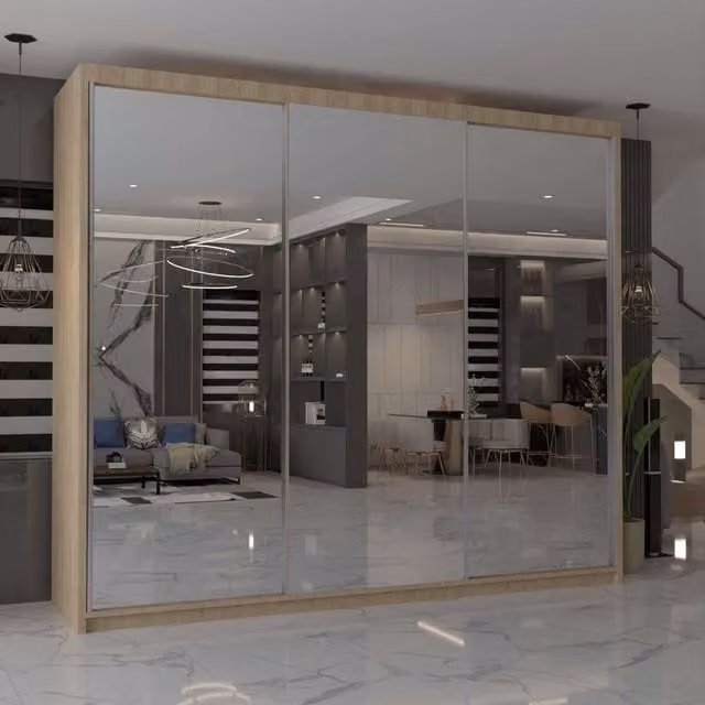 MN Furniture Cuba Sliding Mirror Wardrobe with LED Lighting and Integrated Drawers in Mixed Colours, W: 250 cm, H: 217 cm