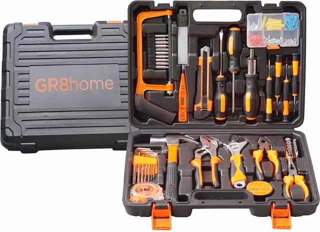 Gr8 Home Steel Hand Tool Kit Set with Case in Black and Orange