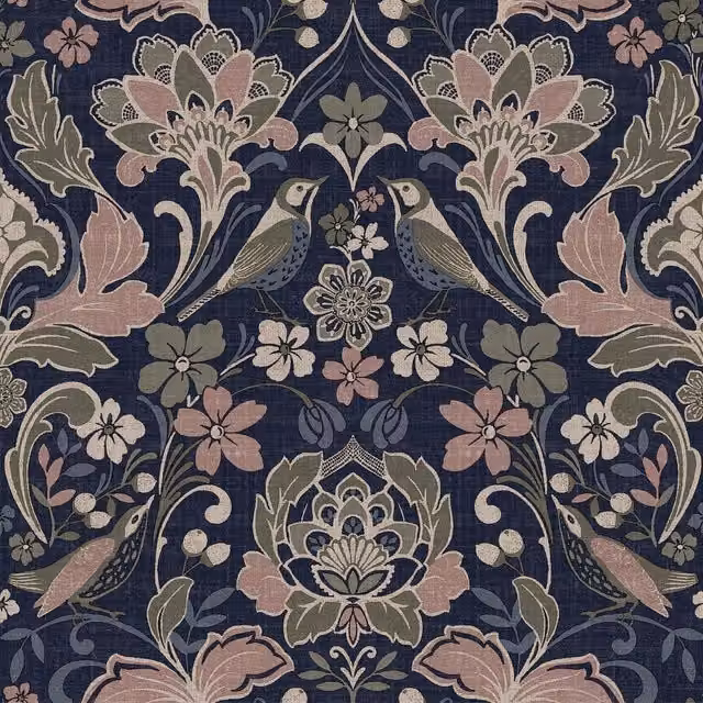 World of Wallpaper Folk Floral Textured Wallpaper in Navy Blue