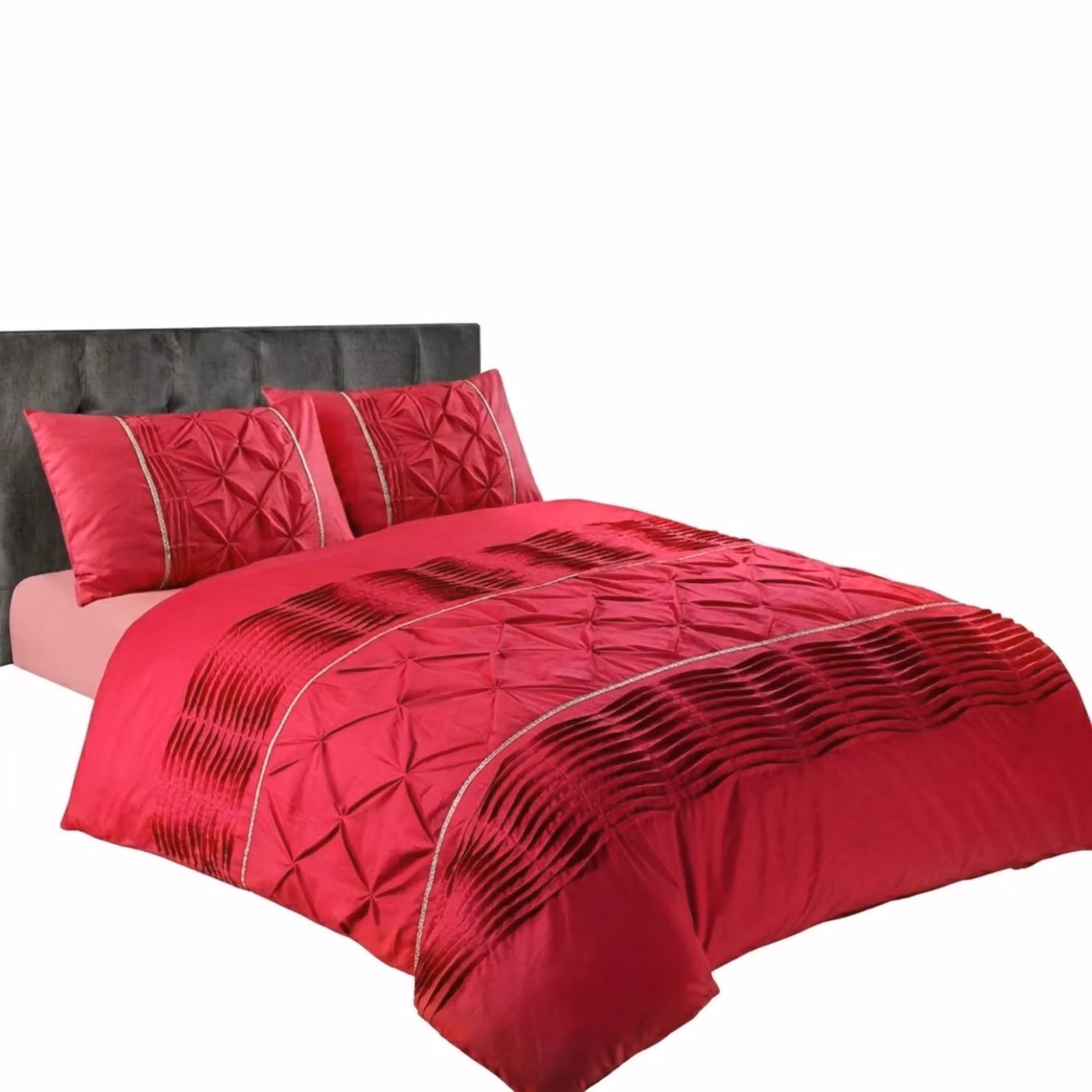 Snug City Red Modern Pintuck Border Duvet Cover and Pillowcase Set, Super King, 200 x 200 cm – 2