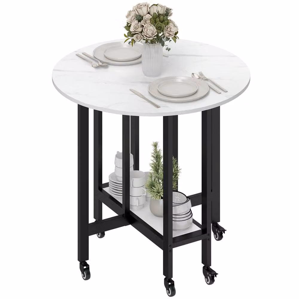 STILVORA Folding Dining Table with Shelf and Lockable Wheels in White – 4