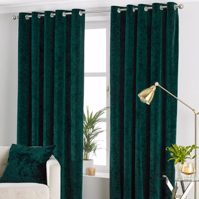 Make It A Home Verona Emerald Green Crushed Velvet Ringtop Eyelet Curtains, Thermal Insulating, W: 183 cm, H: 183 cm