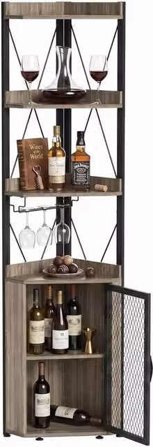 VOGREX Tall Corner Bar Cabinet with 5-Tier Shelves in Brown