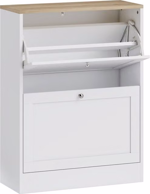 HOMCOM Modern Narrow White Shoe Cabinet with 2 Tilting Compartments and Internal Shelves, W/D/H: 60 x 25 x 80 cm
