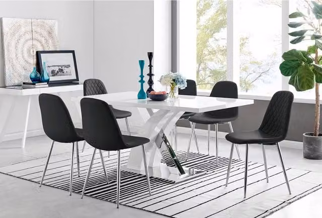 FurnitureboxUK Atlanta Modern High Gloss White Rectangular Dining Table and 6 Corona Silver Chairs Set in Black