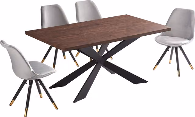 Life Interiors Sofia Duke LUX Dining Set with Rectangular Table and 4 Grey Velvet Chairs with Gold Metal X-Frame Legs