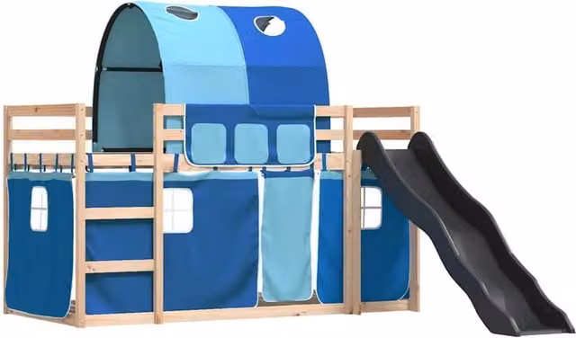 Berkfield Home Elegant Bunk Bed with Slide and Curtains in Blue, Solid Pine Wood, W/D/H: 80 x 200 cm – 1