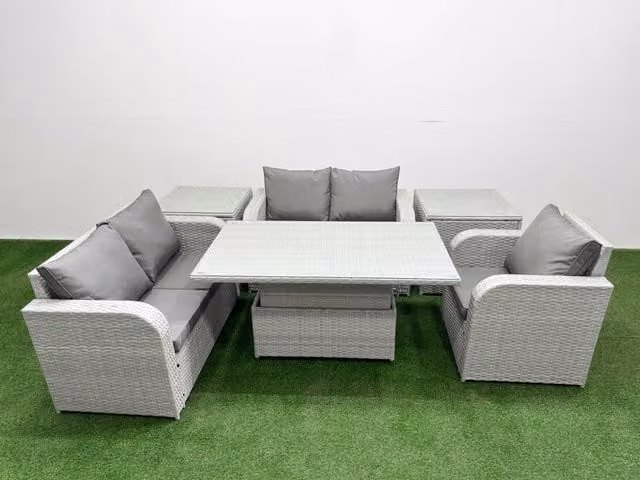 Fimous Grey Poly Rattan Garden Furniture Set with High Back Reclining Chair, 2 Seater Sofa, and Adjustable Table