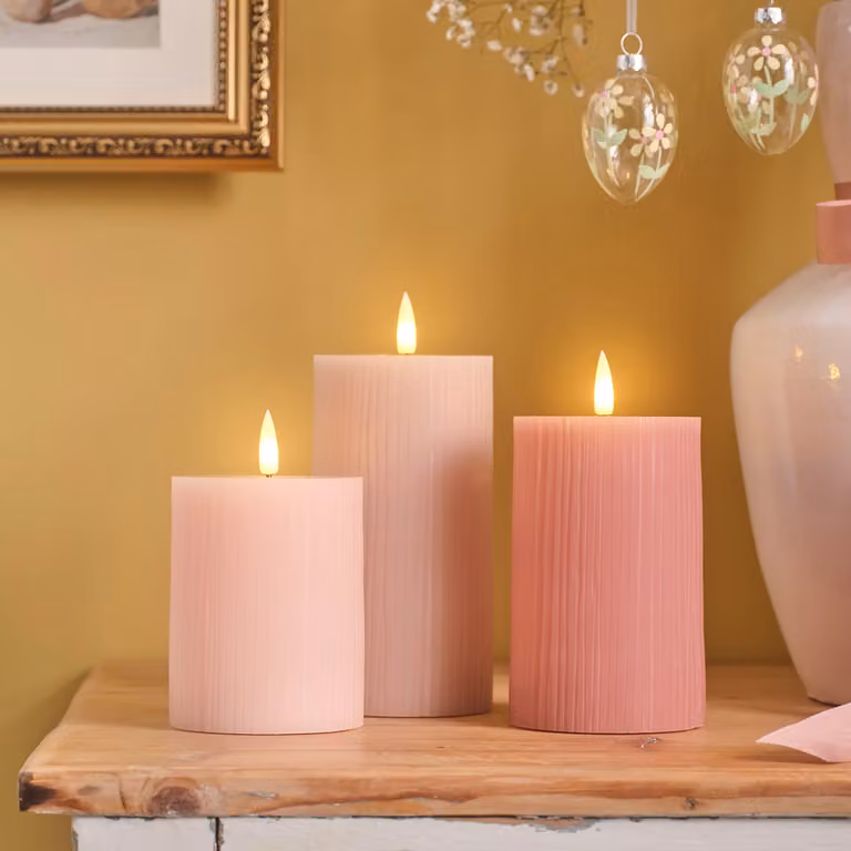 Lights4fun TruGlow Pink Ribbed LED Pillar Candle Trio with Flicker Effect and Timer