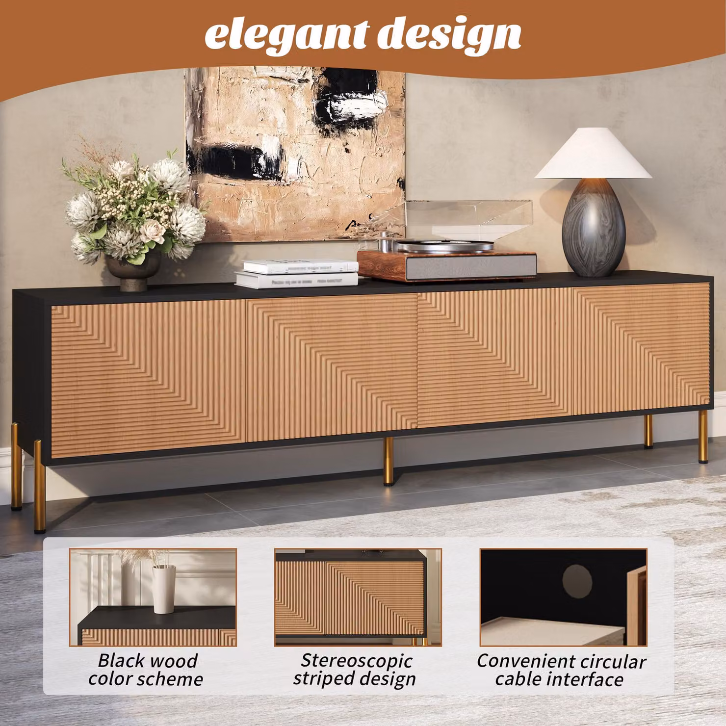 Aosom UK Modern Black and Wood TV Cabinet with 4-Door Concealed Storage, W/D/H: 179 x 35 x 53.5 cm – 3
