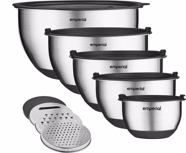 Emperial Stainless Steel Round Mixing Bowls Meal Prep Set of 5 with Lids and Measuring Marks in Silver