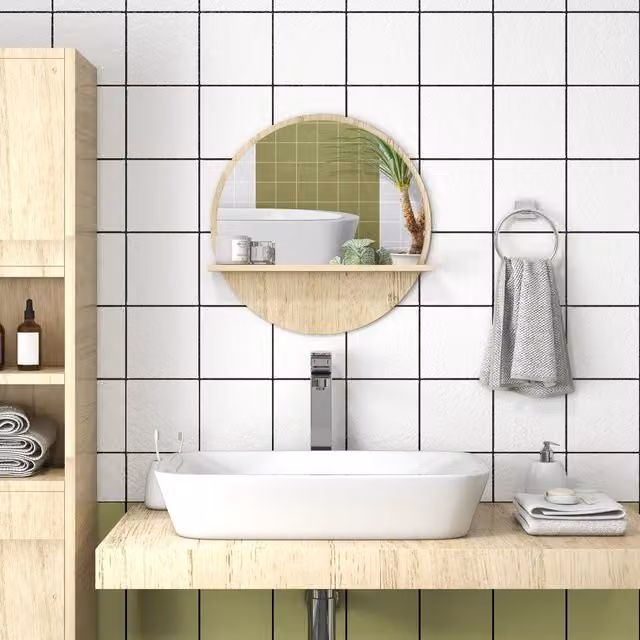Kleankin Round Wall Mounted Bathroom Mirror with Shelf in Natural Wood Effect Brown