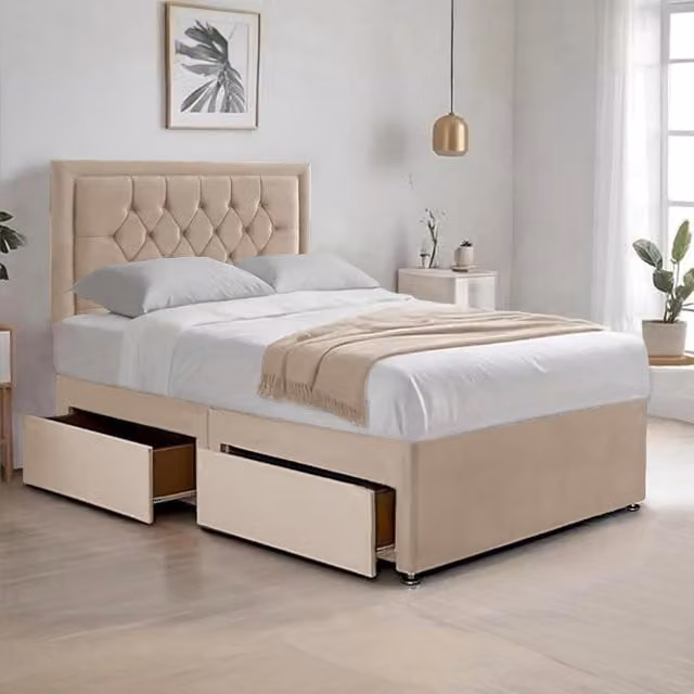 Bed Time UK Plush Divan Bed with Hybrid Mattress, 2 Drawers and 20" Chesterfield Headboard in Beige, W/D/H: 120 x 200 cm