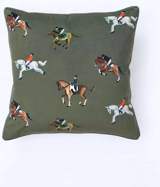 MM Linen Velvet Equestrian Piped Square Cushion in Green Mix