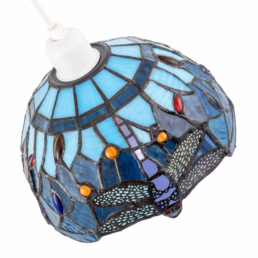 Happy Homewares Art Nouveau Dragonfly Tiffany Pendant Shade in Blue and Red Stained Glass – 3