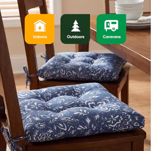 Gardenwize Hampton Pack of 2 Blue Square Outdoor Garden Chair Seat Pad Cushions with Tie Cords – 10