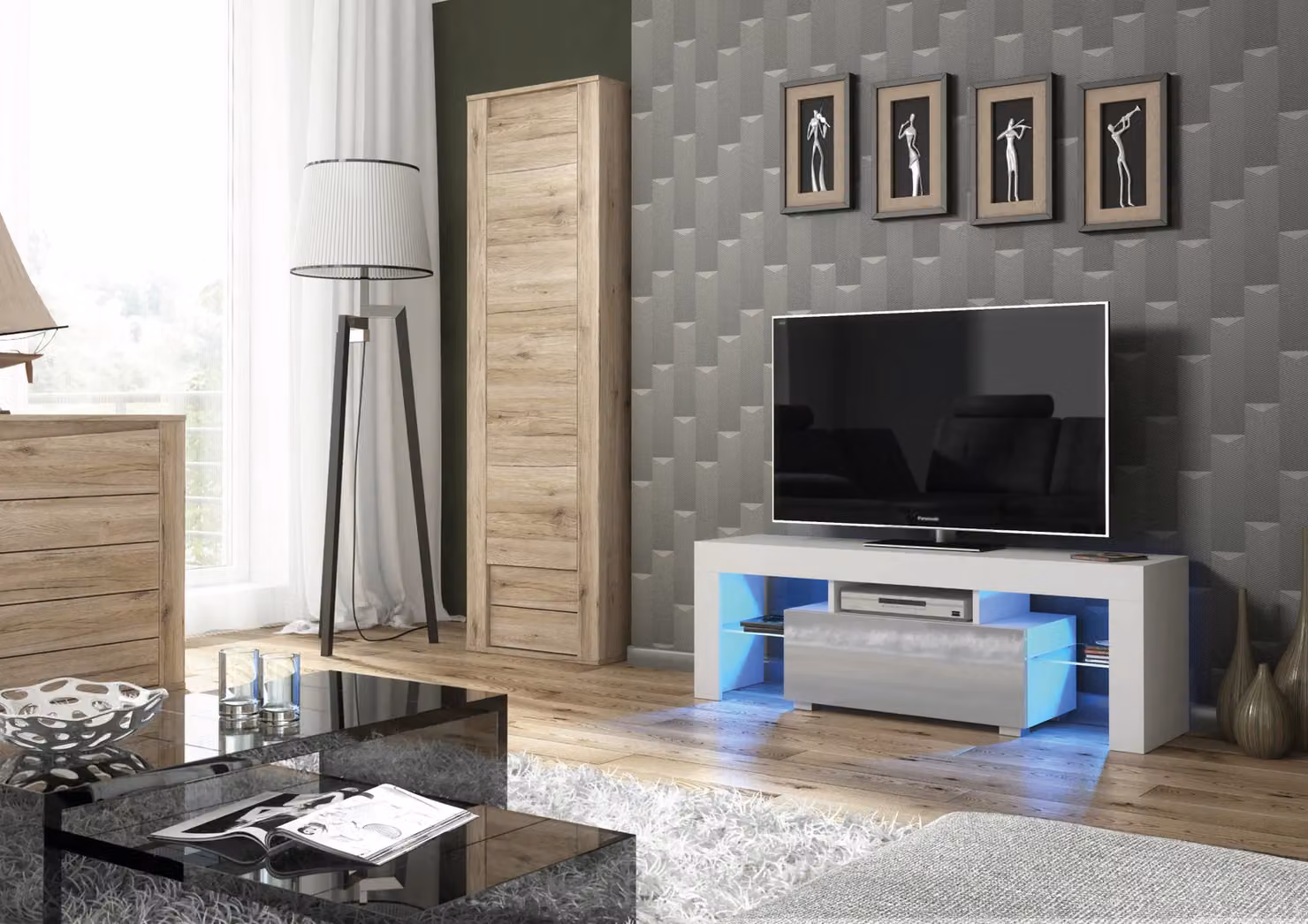 Creative Furniture Floe Modern TV Unit with Glossy Grey and White Doors and LED Lights W/D/H: 130 x 35 x 45 cm – 2