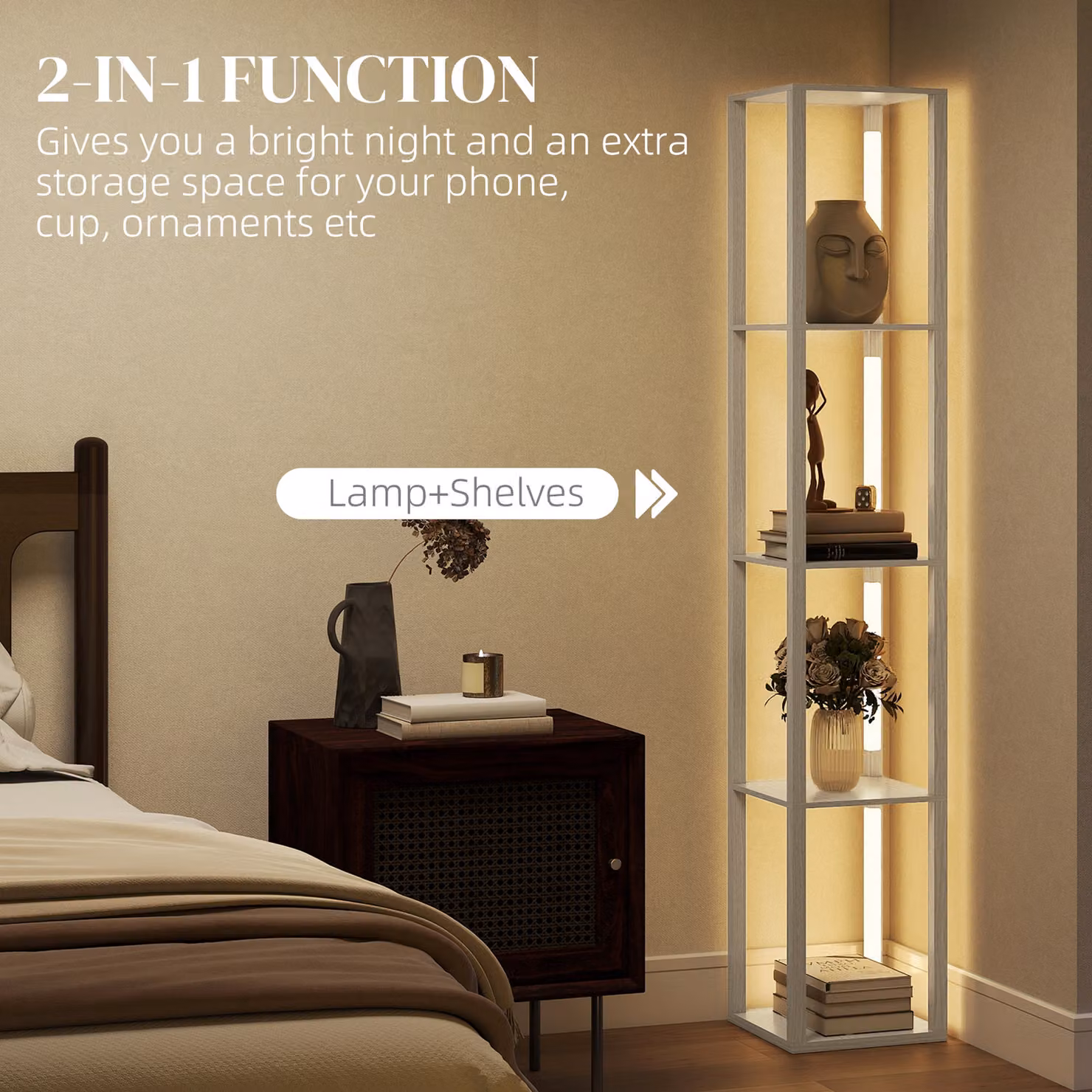 HOMCOM Modern LED Floor Lamp with Shelves and Warm White Light in White and Wood Finish – 2