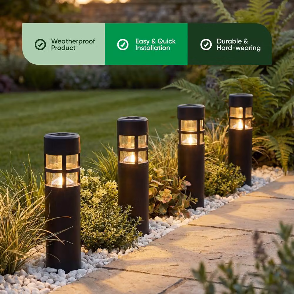 Gardenwize Pack of 4 Solar LED Pillar Stake Lights in Black with Warm White Illumination – 3