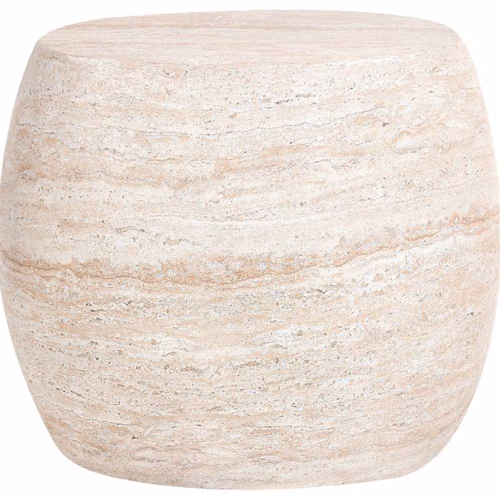 Wyld and Coco Beige Travertine-Effect Round Side Table, W: 58 cm, D: 40 cm, H: 52 cm – 2