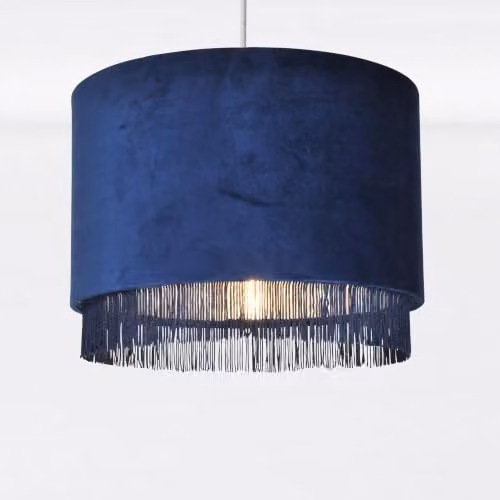 First Choice Lighting Navy Blue Velvet Round Tassled Light Shade with Chrome Inner Detail