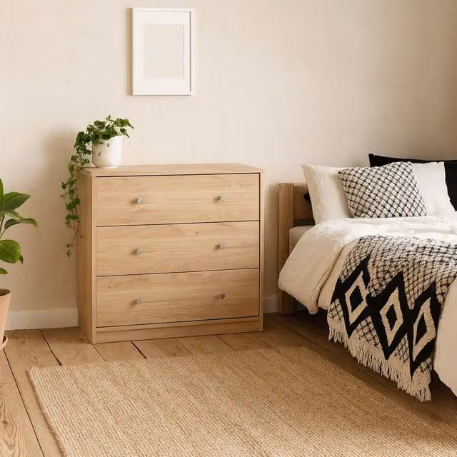 Wyld Haus Kaohsiung 3 Drawer Chest in Hickory Oak Effect, Brown and Beige – 1