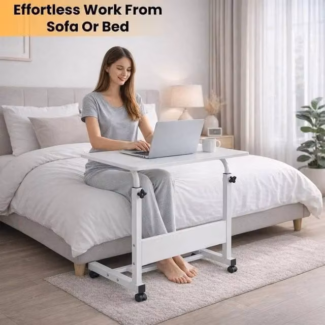 EONLION White Portable Laptop Table with Height Adjustable Tiltable Top and Castors