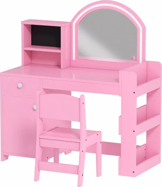 AIYAPLAY Kids Vanity Table and Chair Set with 2-Colour LED Mirror, Cabinet, Drawer and Shelves, Pink – 1