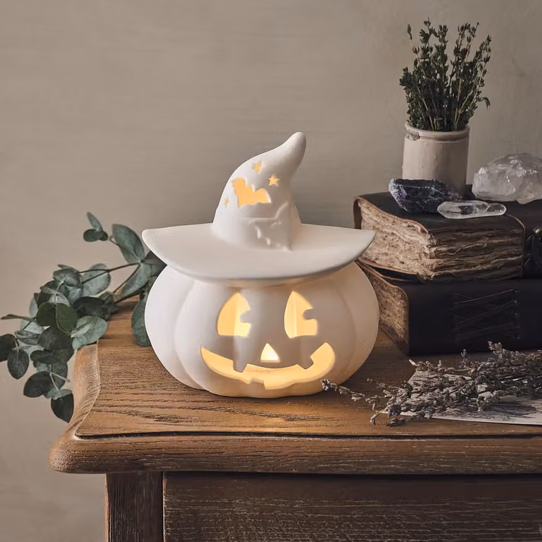 Lights4fun White Porcelain LED Halloween Pumpkin Tabletop Decoration