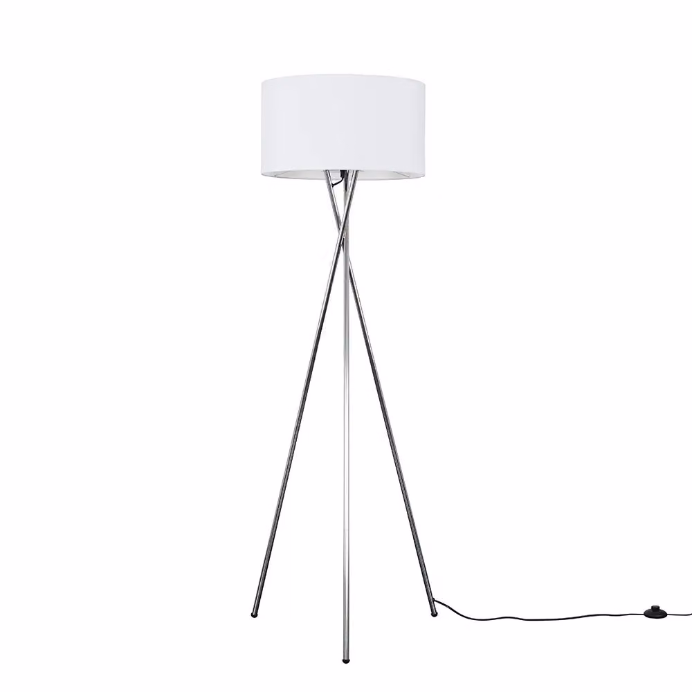 ValueLights Camden Modern Polished Chrome Metal Tripod Floor Lamp with White Fabric Cylinder Shade – 3