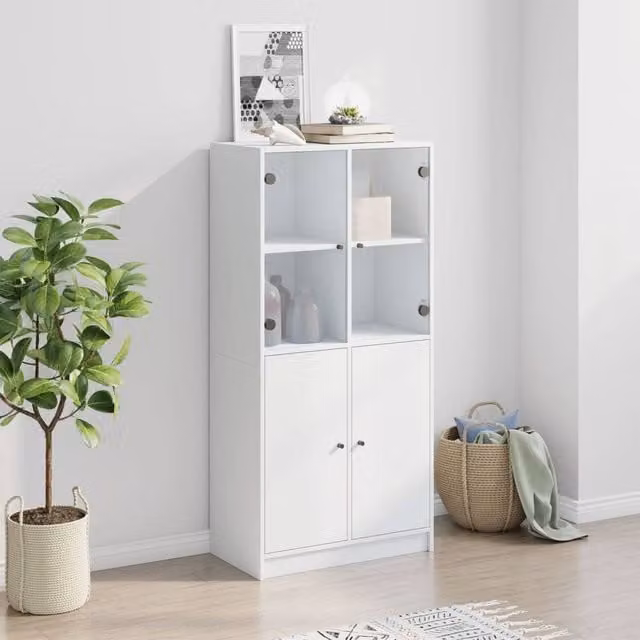 Berkfield Home Modern White Highboard with Glass Doors and Internal Shelves, W/D/H: 68 x 37 x 142 cm