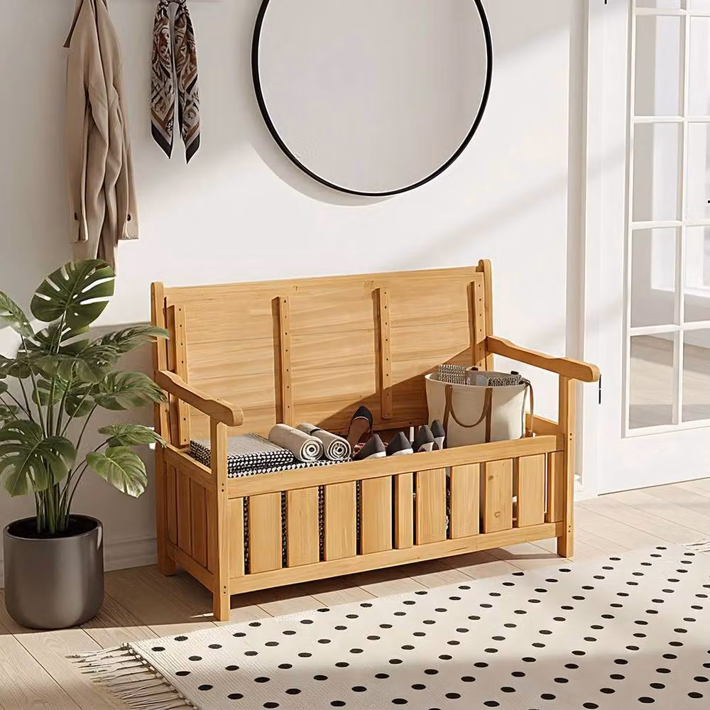 KORVIXA Brown Treated Hardwood Spruce Garden Bench with Cushion Storage and Armrests – 3