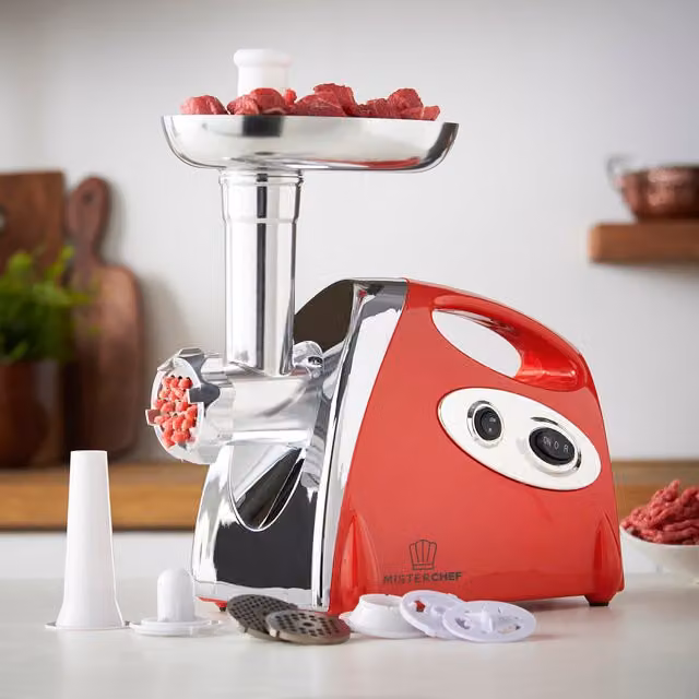 MisterChef Electric Meat Grinder in Red with Stainless Steel and Overheat Protection