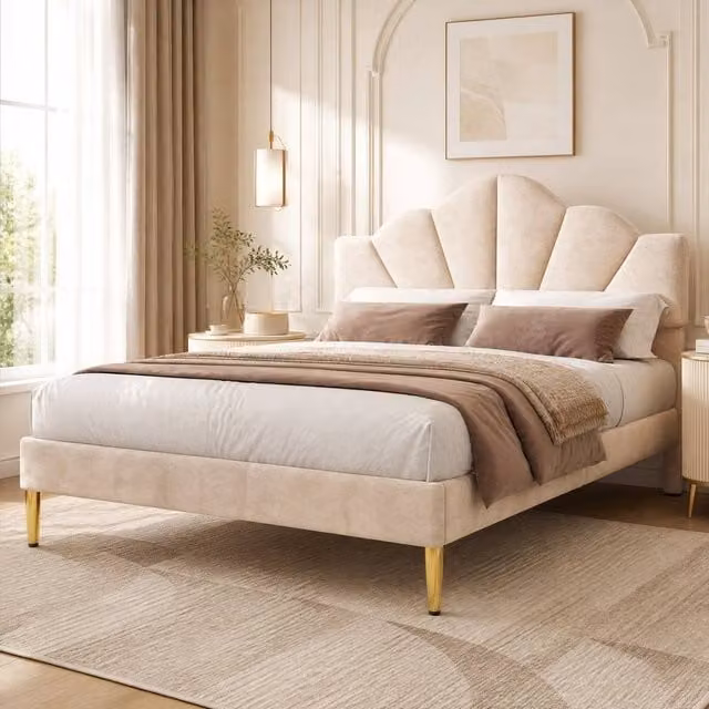 STILVORA Velvet Upholstered Double Bed in Beige with Adjustable Headboard, W/D/H: 140 x 200 cm – 1