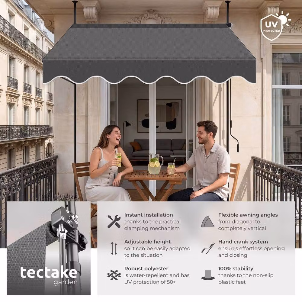 tectake Grey Awning with Hand Crank, Pressure Fitted and Height Adjustable, W: 350 cm, H: 180 cm – 2